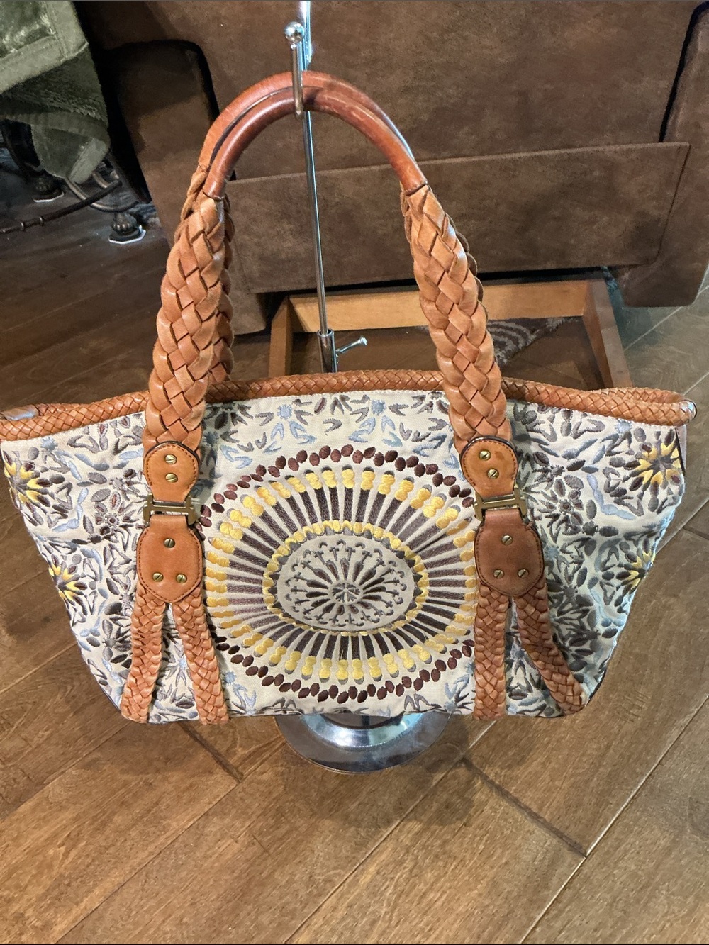Cole Haan Sierra Embroidery Tan Braided-Handle Shoulder Bag